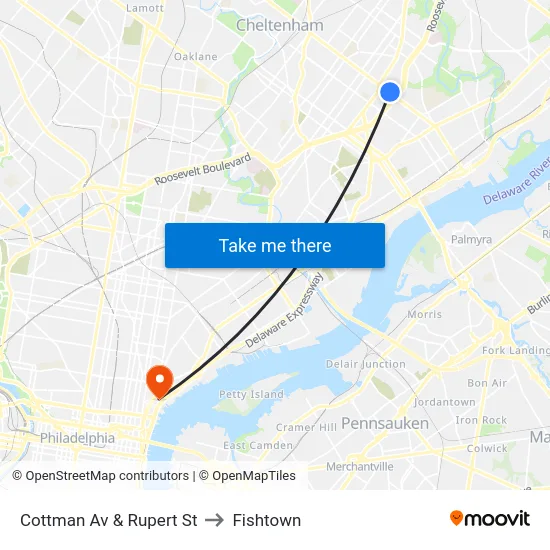 Cottman Av & Rupert St to Fishtown map