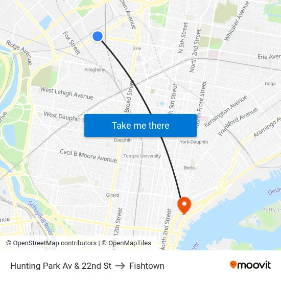 Hunting Park Av & 22nd St to Fishtown map