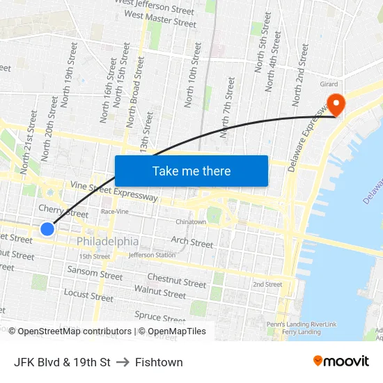 JFK Blvd & 19th St to Fishtown map