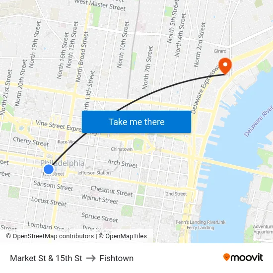 Market St & 15th St to Fishtown map