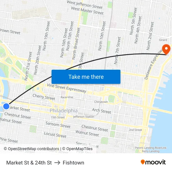 Market St & 24th St to Fishtown map