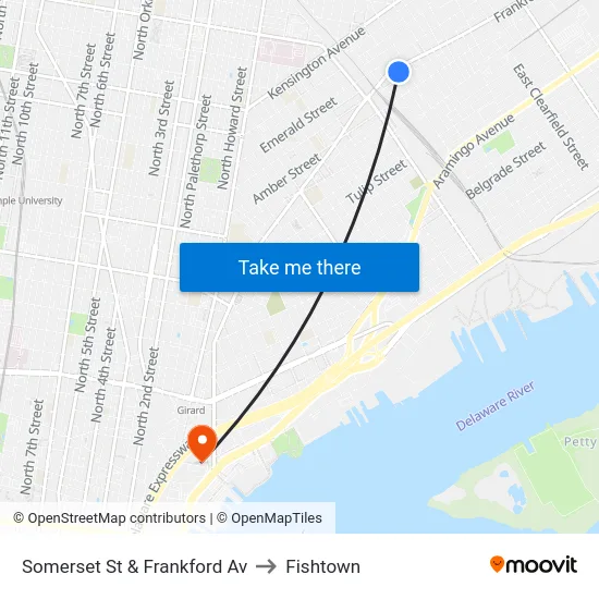 Somerset St & Frankford Av to Fishtown map