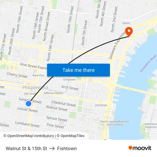 Walnut St & 15th St to Fishtown map