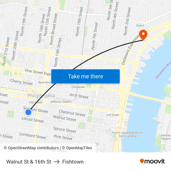 Walnut St & 16th St to Fishtown map