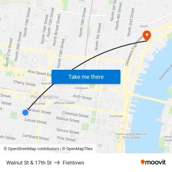 Walnut St & 17th St to Fishtown map