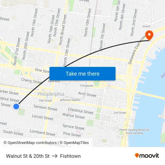 Walnut St & 20th St to Fishtown map