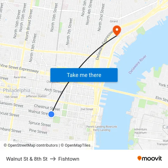 Walnut St & 8th St to Fishtown map
