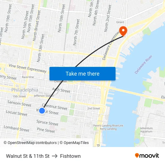 Walnut St & 11th St to Fishtown map