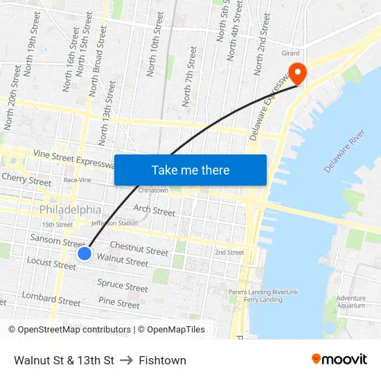 Walnut St & 13th St to Fishtown map