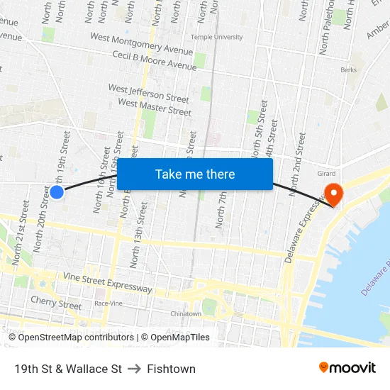 19th St & Wallace St to Fishtown map