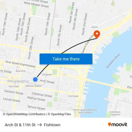 Arch St & 11th St to Fishtown map