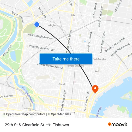 29th St & Clearfield St to Fishtown map