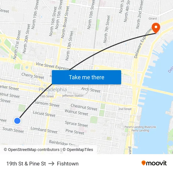 19th St & Pine St to Fishtown map