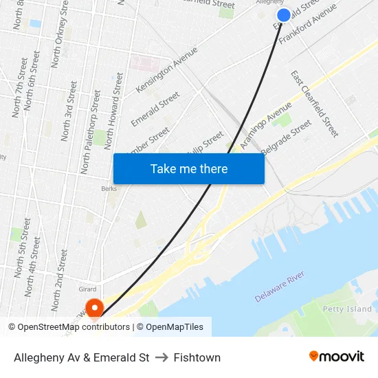 Allegheny Av & Emerald St to Fishtown map