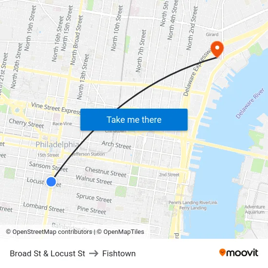 Broad St & Locust St to Fishtown map