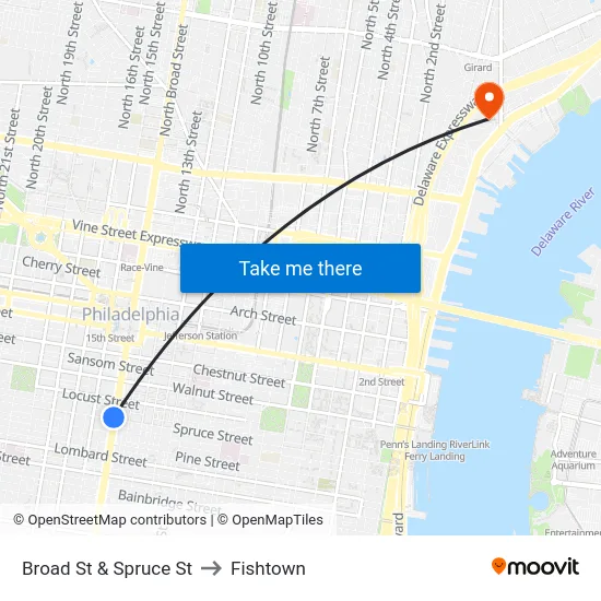Broad St & Spruce St to Fishtown map