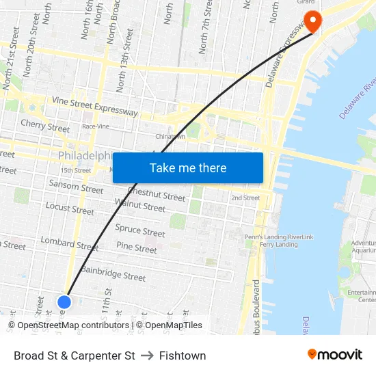 Broad St & Carpenter St to Fishtown map