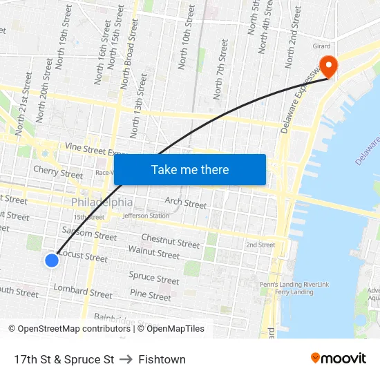 17th St & Spruce St to Fishtown map