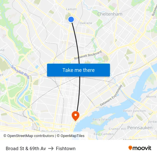 Broad St & 69th Av to Fishtown map