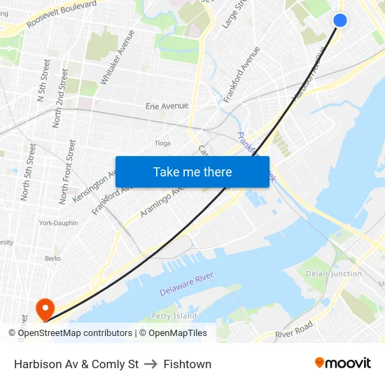 Harbison Av & Comly St to Fishtown map