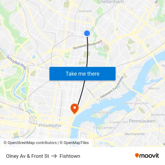 Olney Av & Front St to Fishtown map