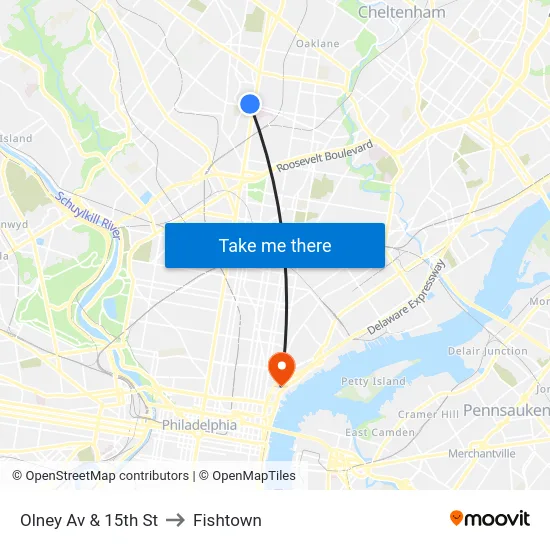 Olney Av & 15th St to Fishtown map