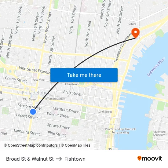 Broad St & Walnut St to Fishtown map