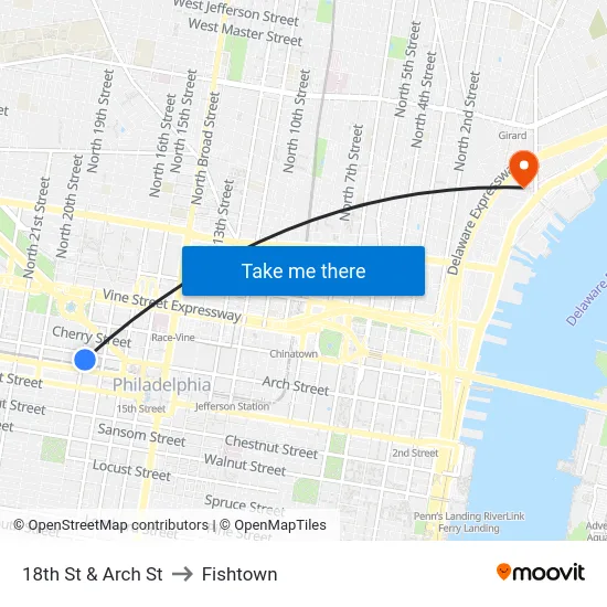 18th St & Arch St to Fishtown map