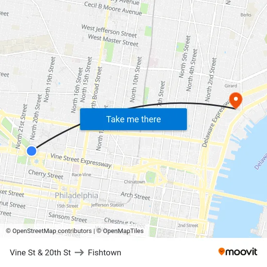 Vine St & 20th St to Fishtown map