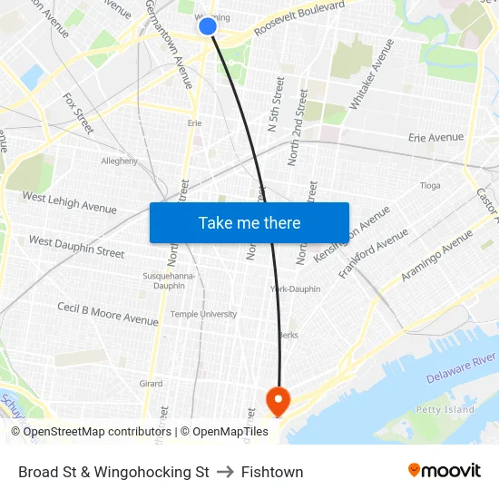 Broad St & Wingohocking St to Fishtown map