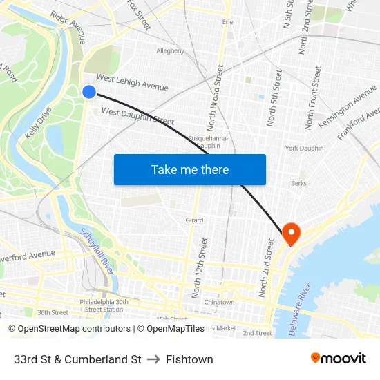 33rd St & Cumberland St to Fishtown map