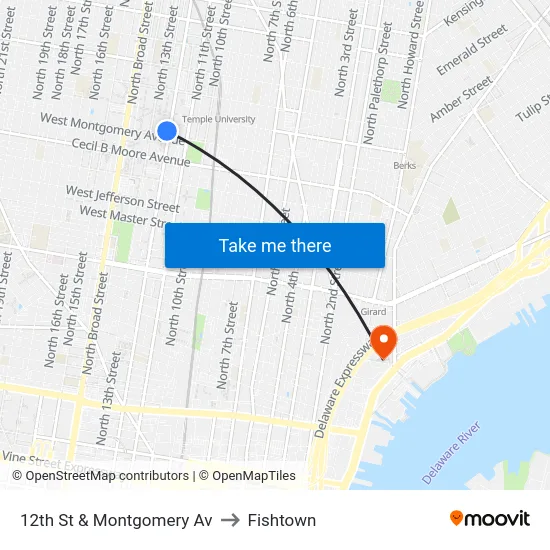12th St & Montgomery Av to Fishtown map