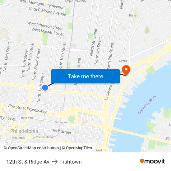 12th St & Ridge Av to Fishtown map