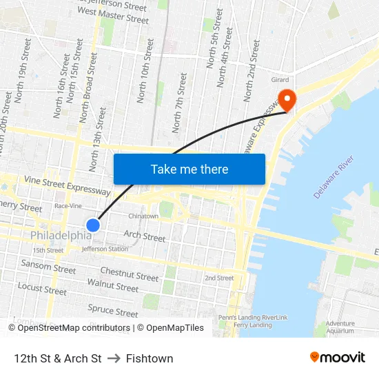12th St & Arch St to Fishtown map