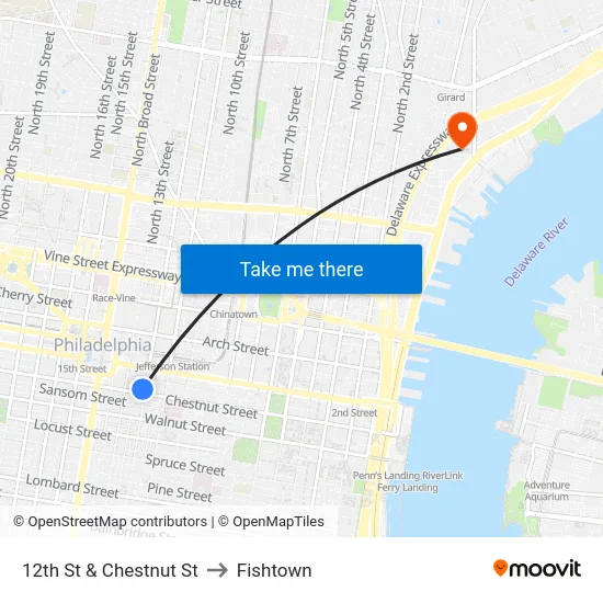 12th St & Chestnut St to Fishtown map