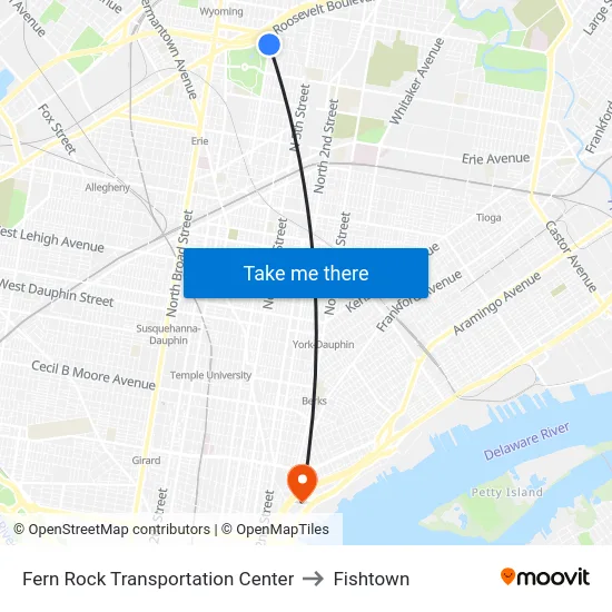 Fern Rock Transportation Center to Fishtown map