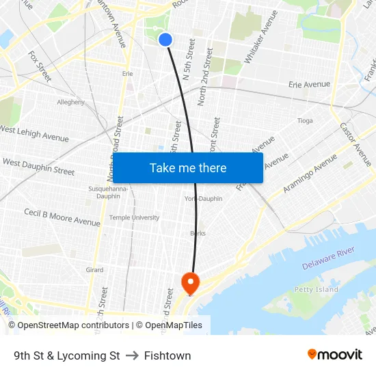 9th St & Lycoming St to Fishtown map