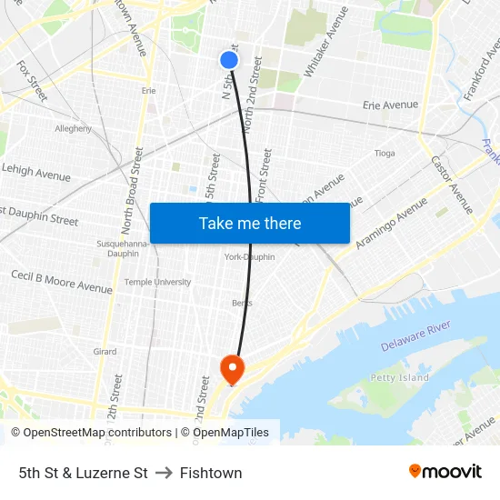 5th St & Luzerne St to Fishtown map