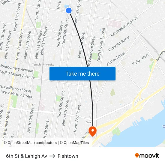6th St & Lehigh Av to Fishtown map