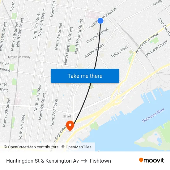Huntingdon St & Kensington Av to Fishtown map