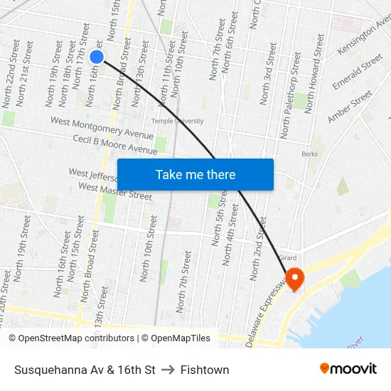 Susquehanna Av & 16th St to Fishtown map