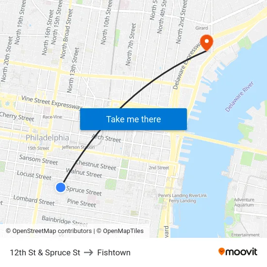 12th St & Spruce St to Fishtown map