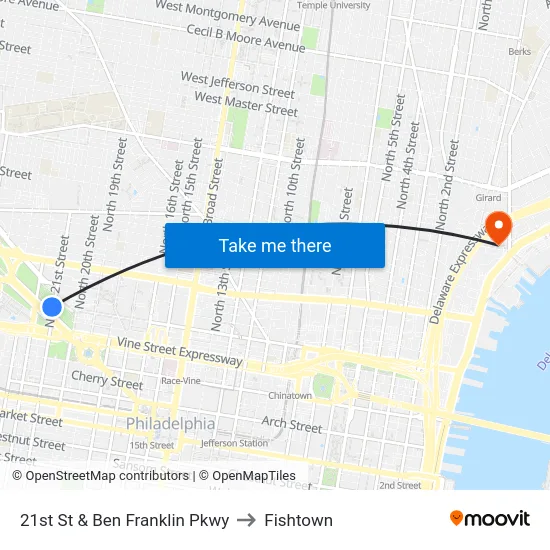 21st St & Ben Franklin Pkwy to Fishtown map