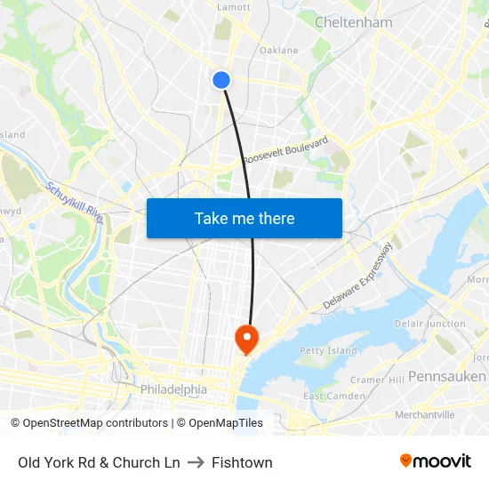 Old York Rd & Church Ln to Fishtown map