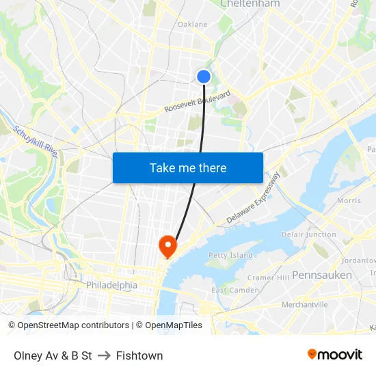 Olney Av & B St to Fishtown map