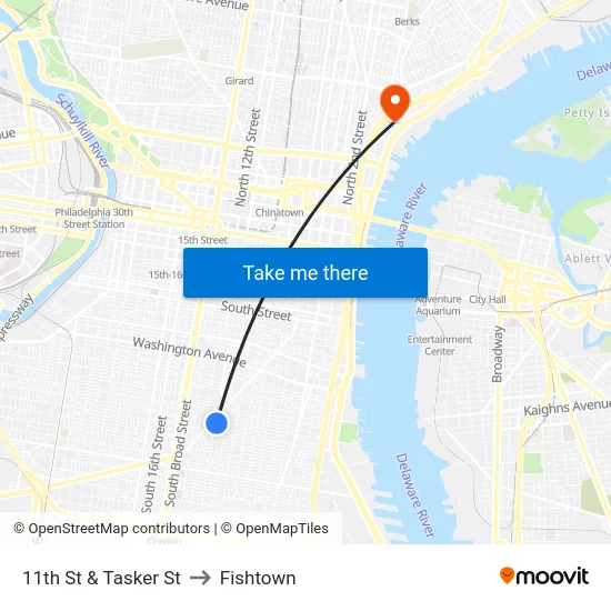 11th St & Tasker St to Fishtown map