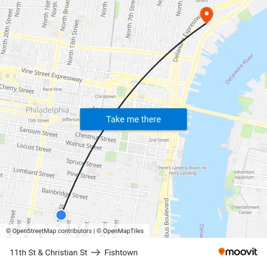 11th St & Christian St to Fishtown map