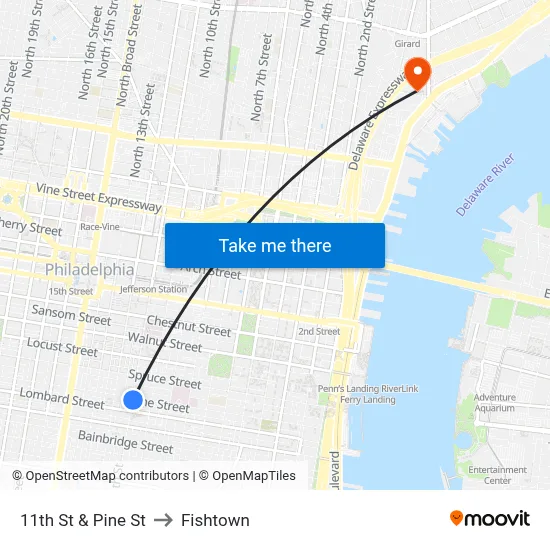 11th St & Pine St to Fishtown map