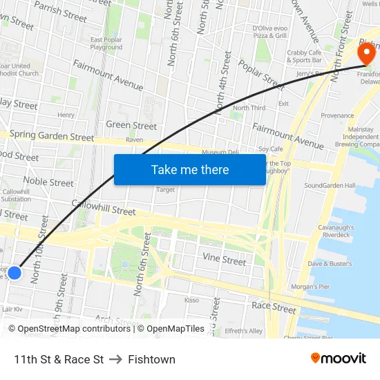 11th St & Race St to Fishtown map