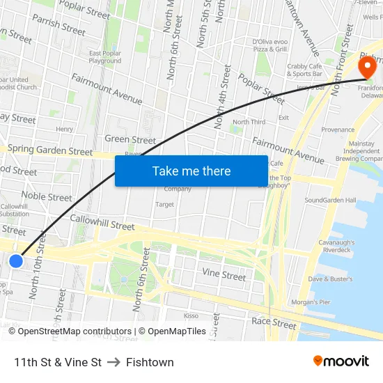 11th St & Vine St to Fishtown map